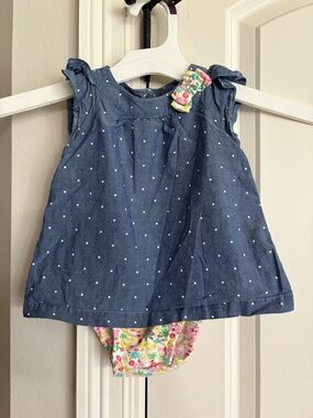 Denim polka dot & flower print dress 6-9 months Child of Mine GUC